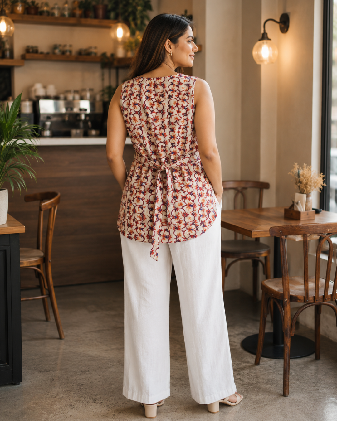 Off White Women's Sleeveless Back Tie Top With A Scoop Neck