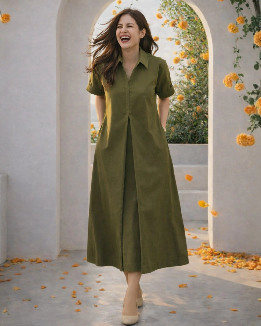 Olive Green Cotton Aline Dress The Svaya Olive Green Cotton Aline Dress The Svaya