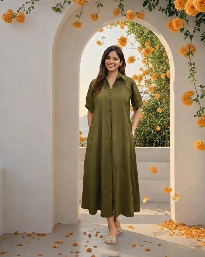 Olive Green Cotton Aline Dress