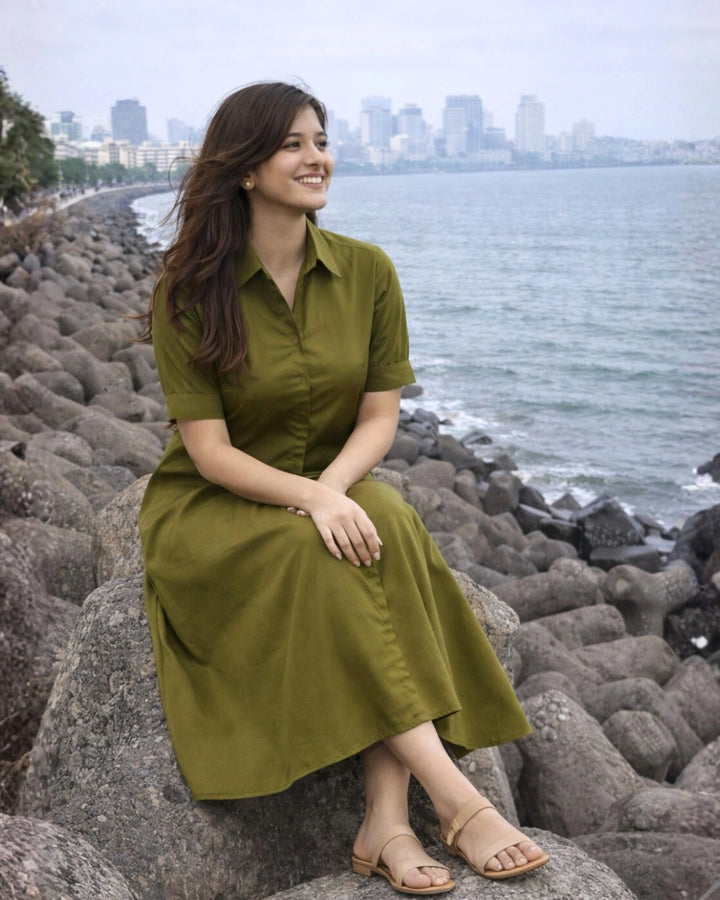 Olive Green Cotton Aline Dress
