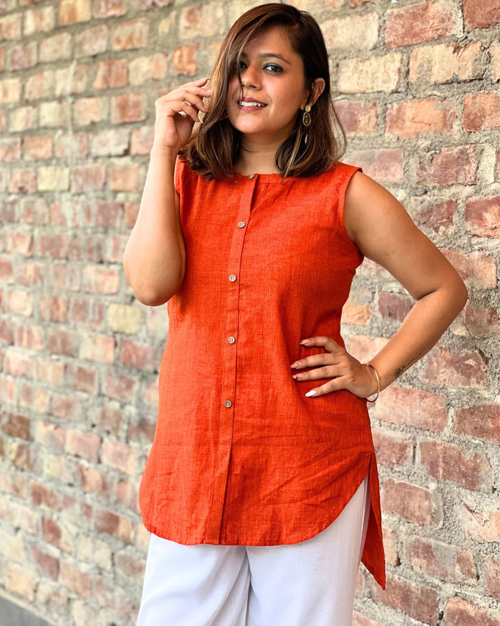 Orange Solid High Low Shirt