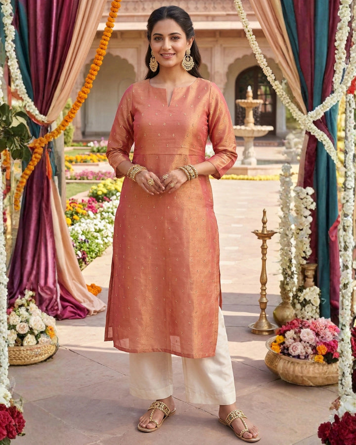Orange Tissue Embroidered Straight Kurta For Women