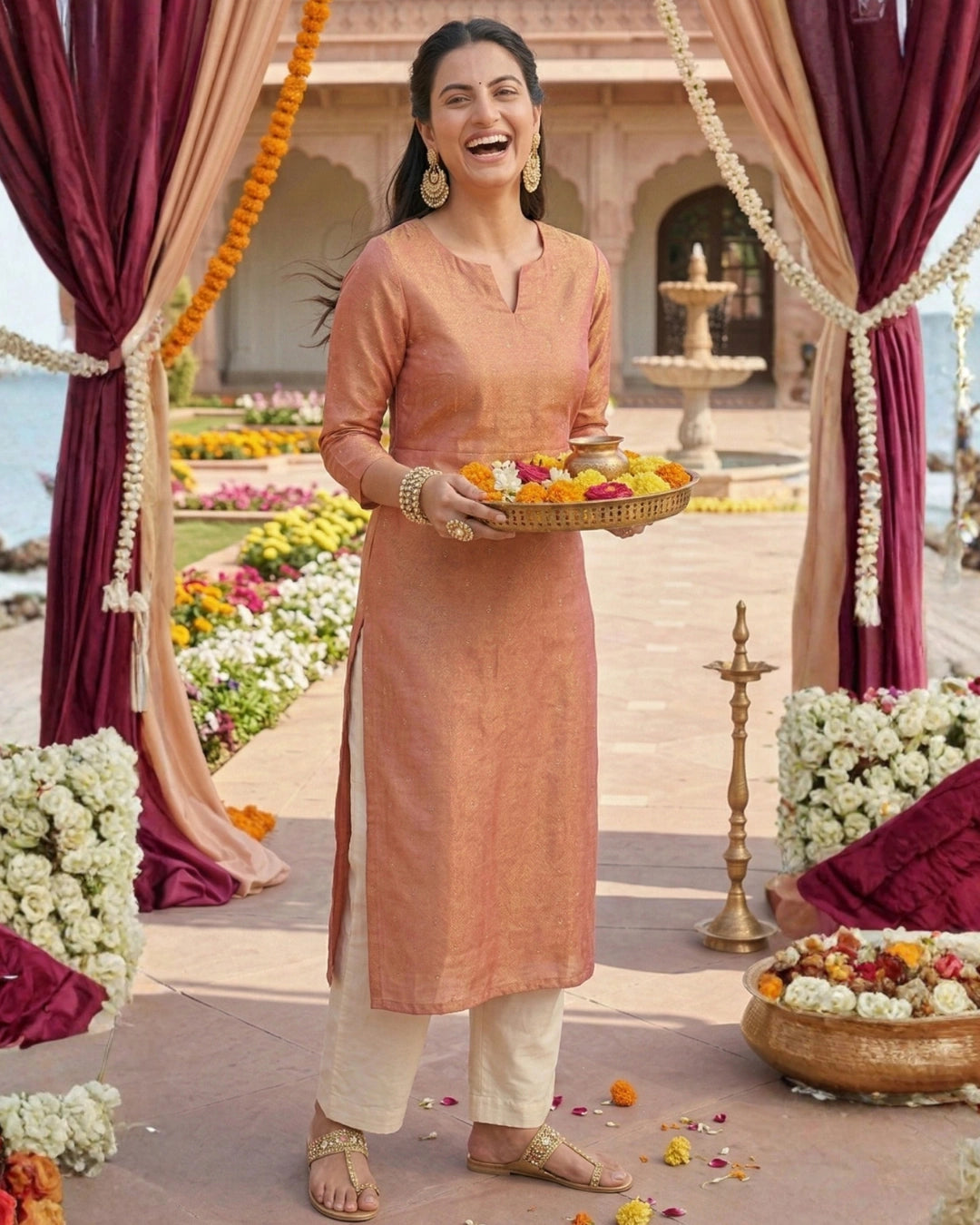Orange Tissue Embroidered Straight Kurta For Women