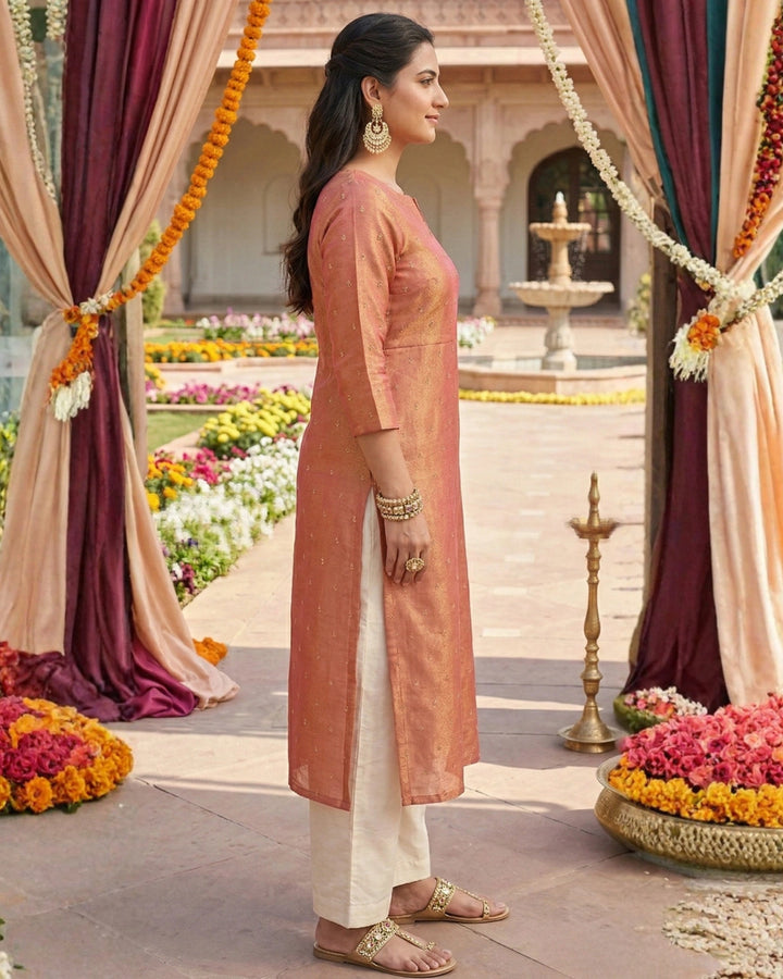 Orange Tissue Embroidered Straight Kurta For Women
