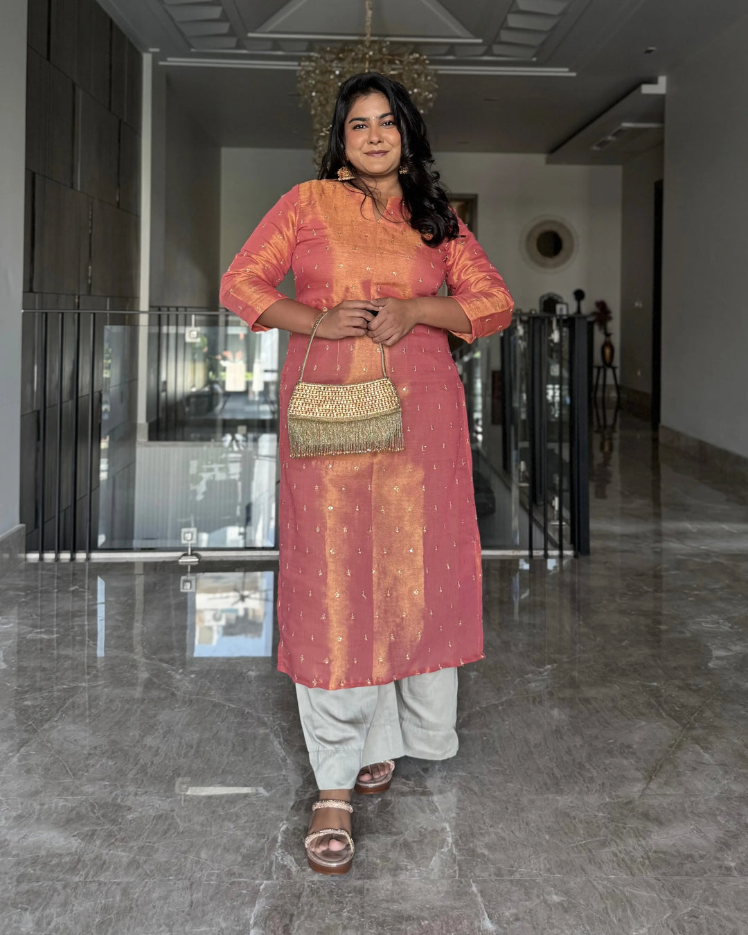 Orange Tissue Embroidered Straight Kurta For Women