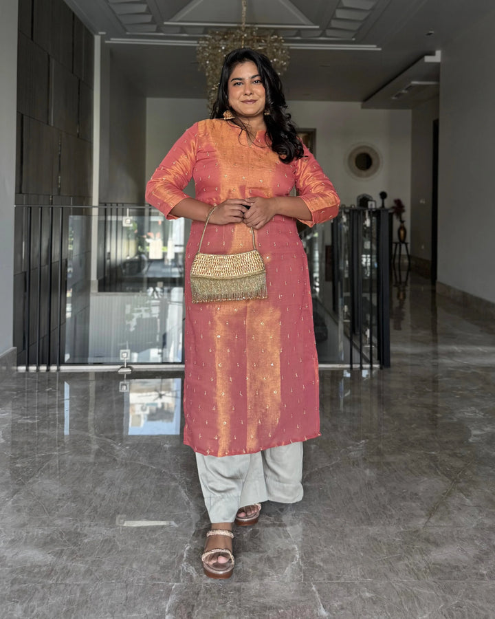 Orange Tissue Embroidered Straight Kurta For Women