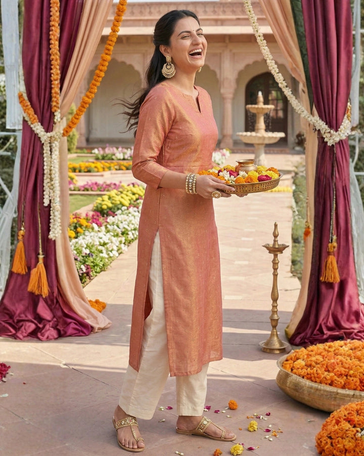 Orange Tissue Embroidered Straight Kurta For Women