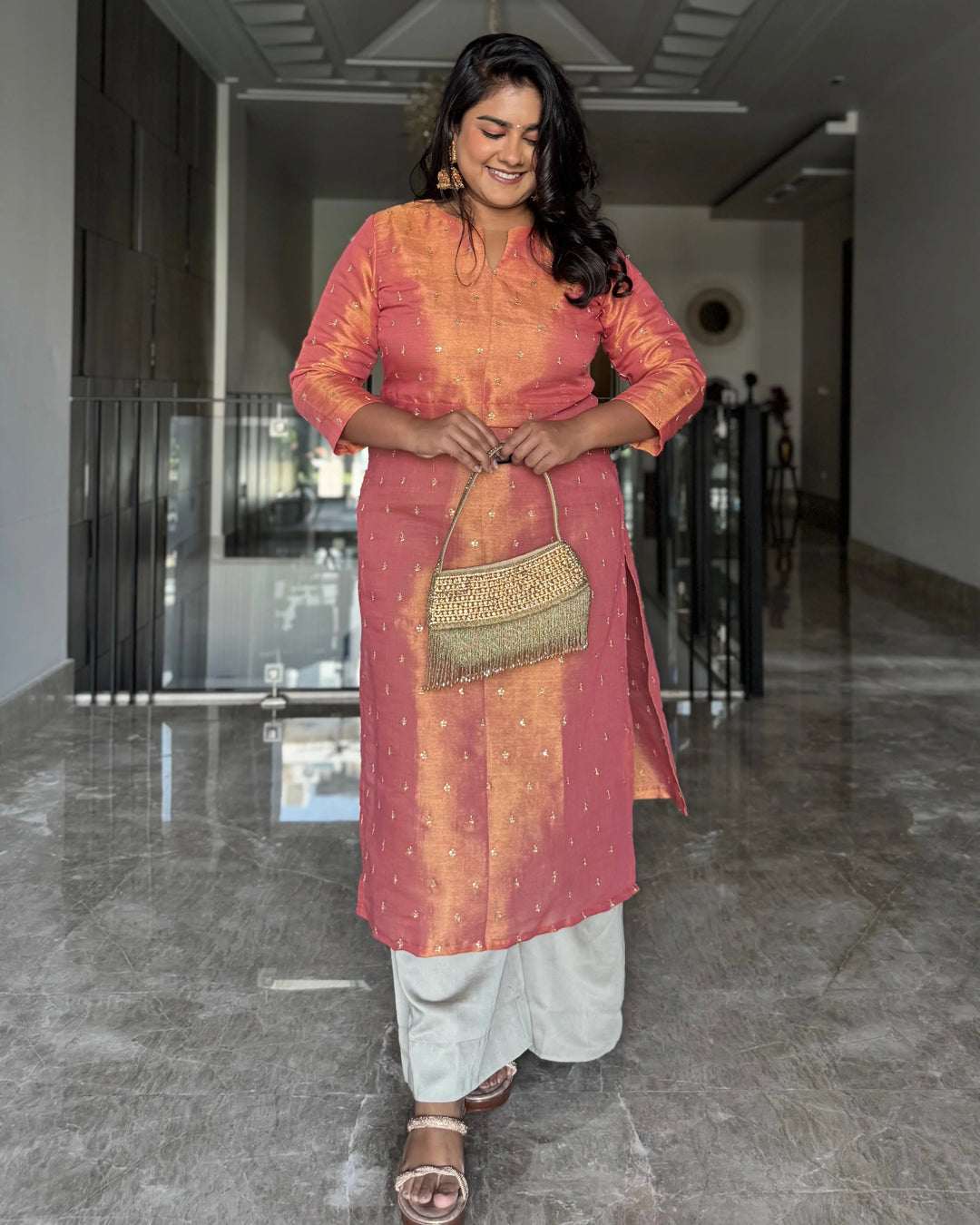 Orange Tissue Embroidered Straight Kurta For Women