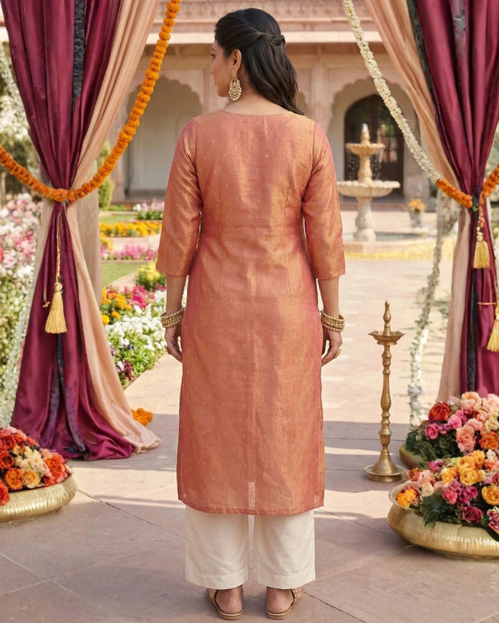 Orange Tissue Embroidered Straight Kurta For Women