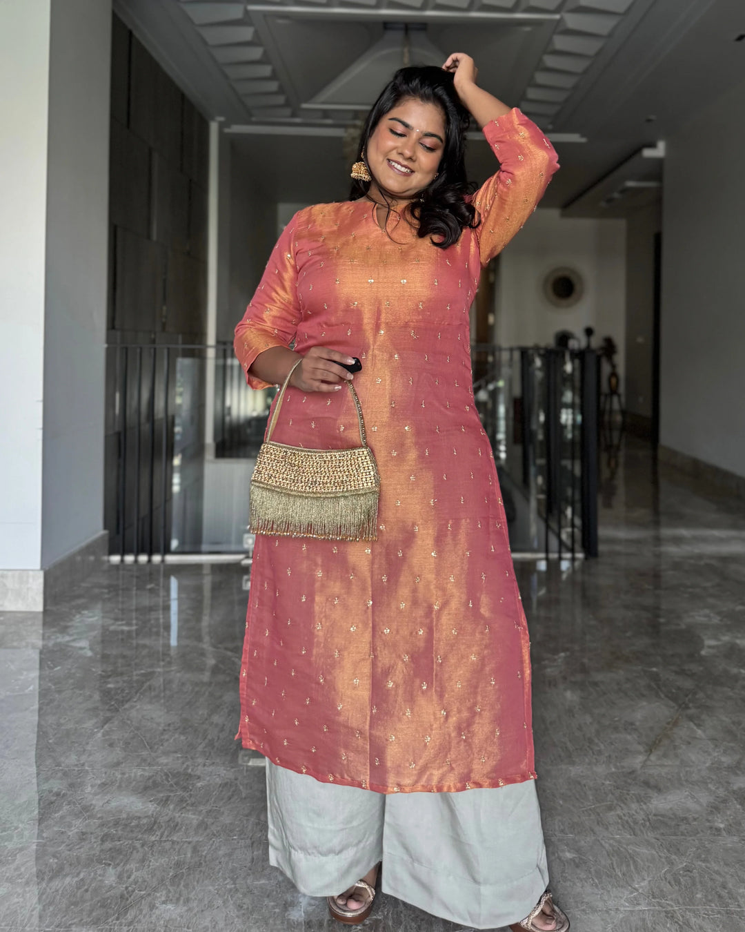Orange Tissue Embroidered Straight Kurta For Women