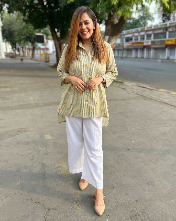 Pastel Green Striped Cotton Shirt for Women