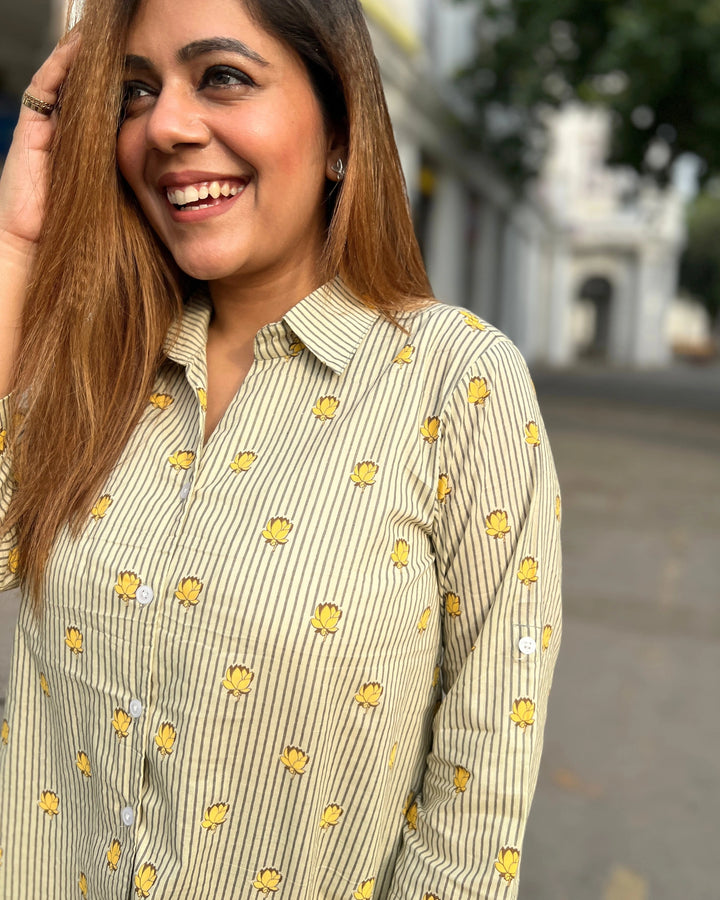 Pastel Green Striped Cotton Shirt for Women