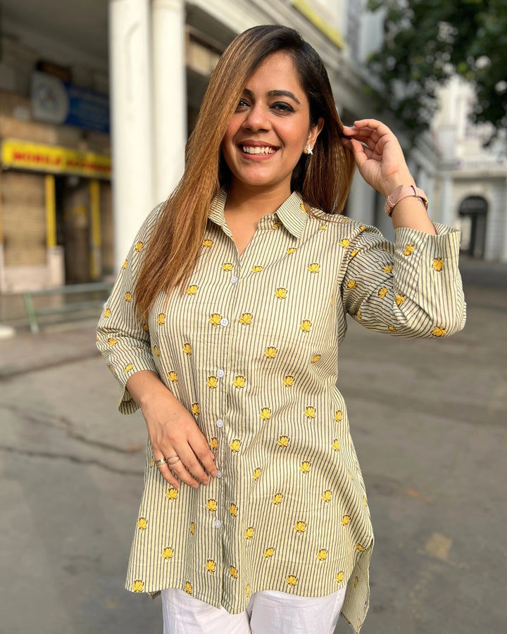 Pastel Green Striped Cotton Shirt for Women