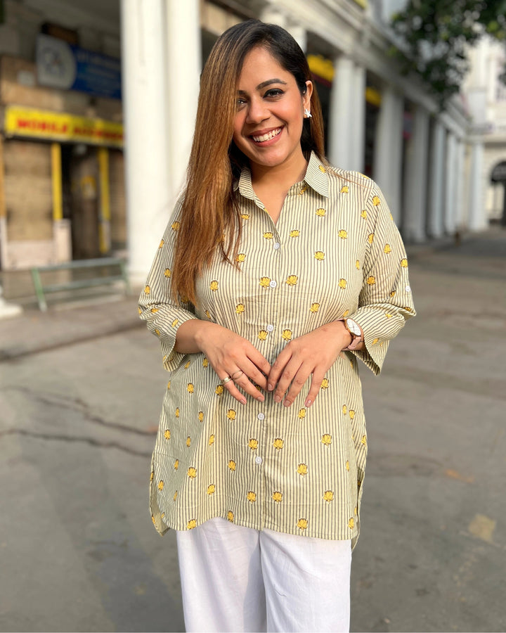 Pastel Green Striped Cotton Shirt for Women