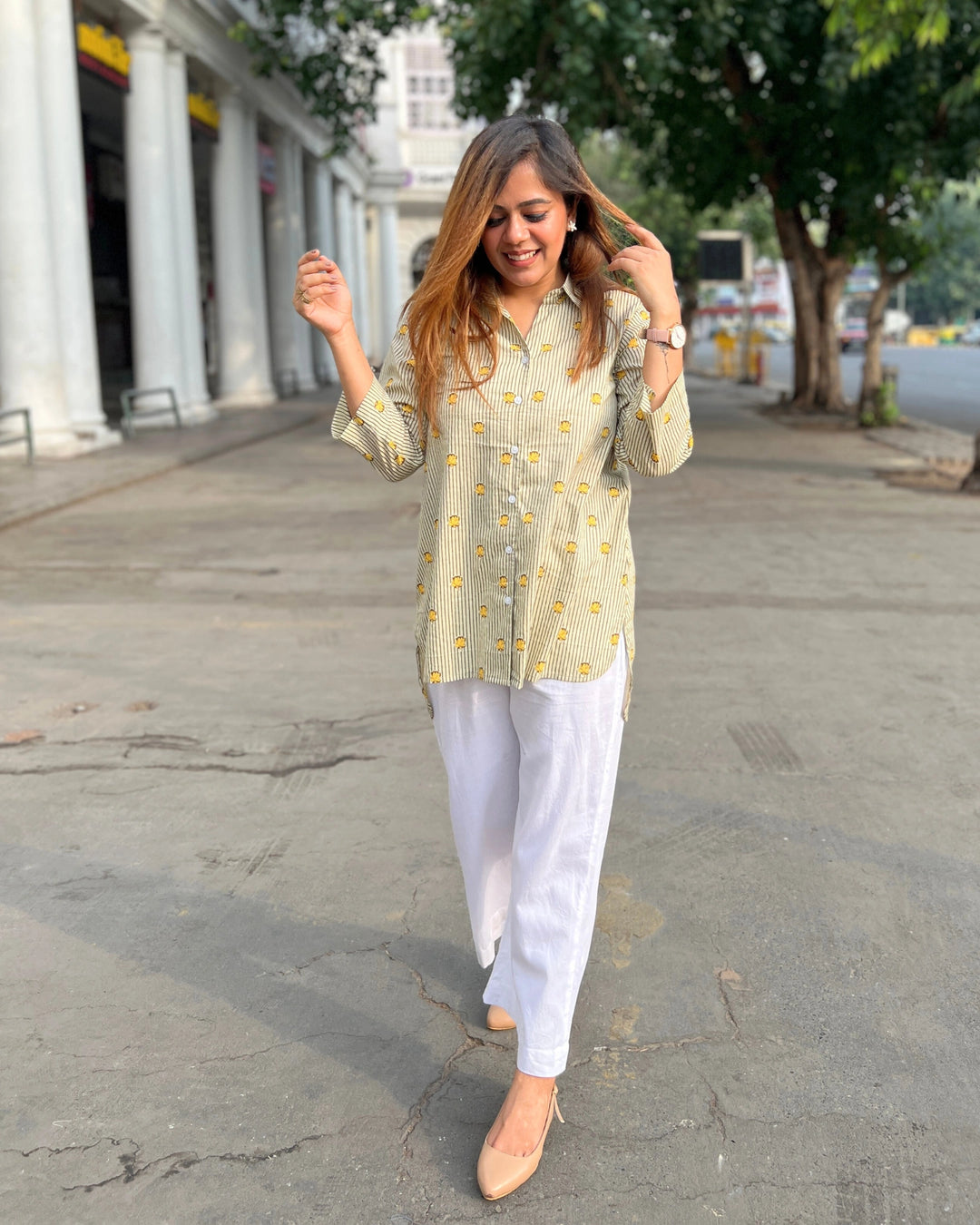 Pastel Green Striped Cotton Shirt for Women