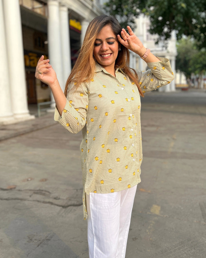 Pastel Green Striped Cotton Shirt for Women
