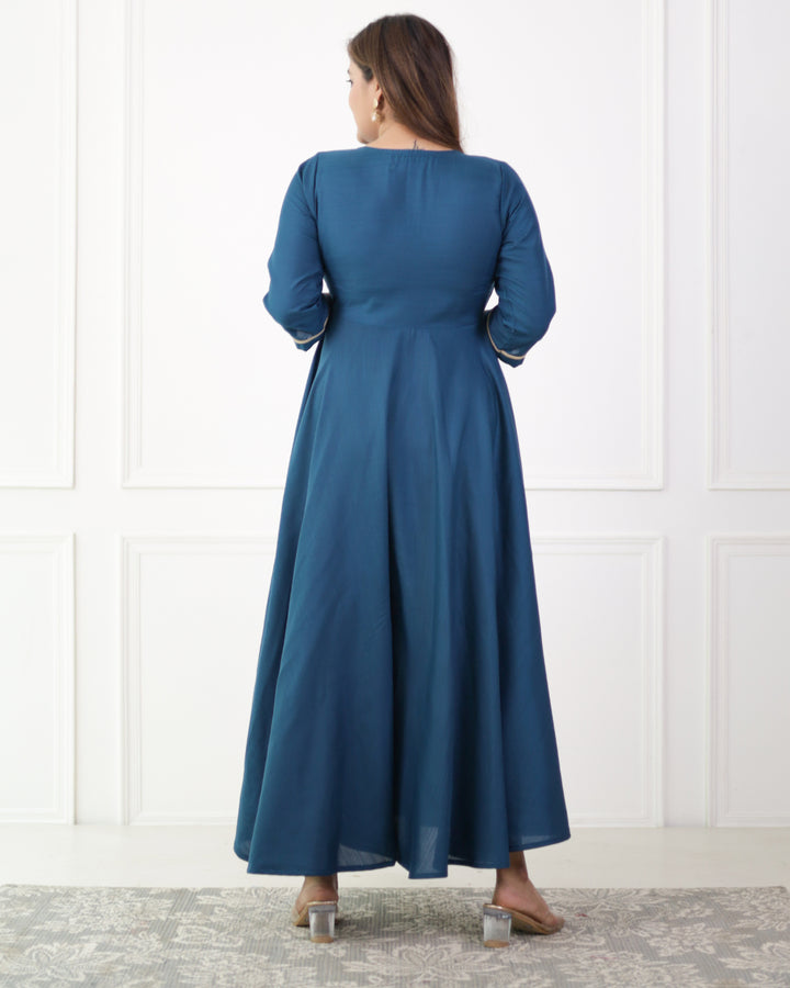 Peacock Blue Cotton Slub Angrakha Kurta