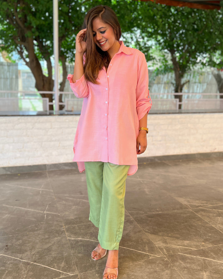 Pink Solid Aline Cotton Slub Shirt