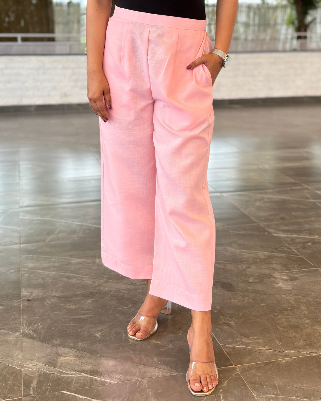 Pink Solid Cotton Slub Pants