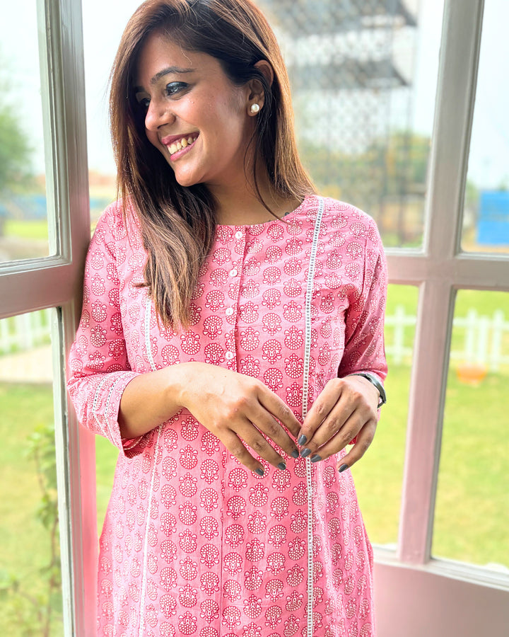 Pink Laced Kurta