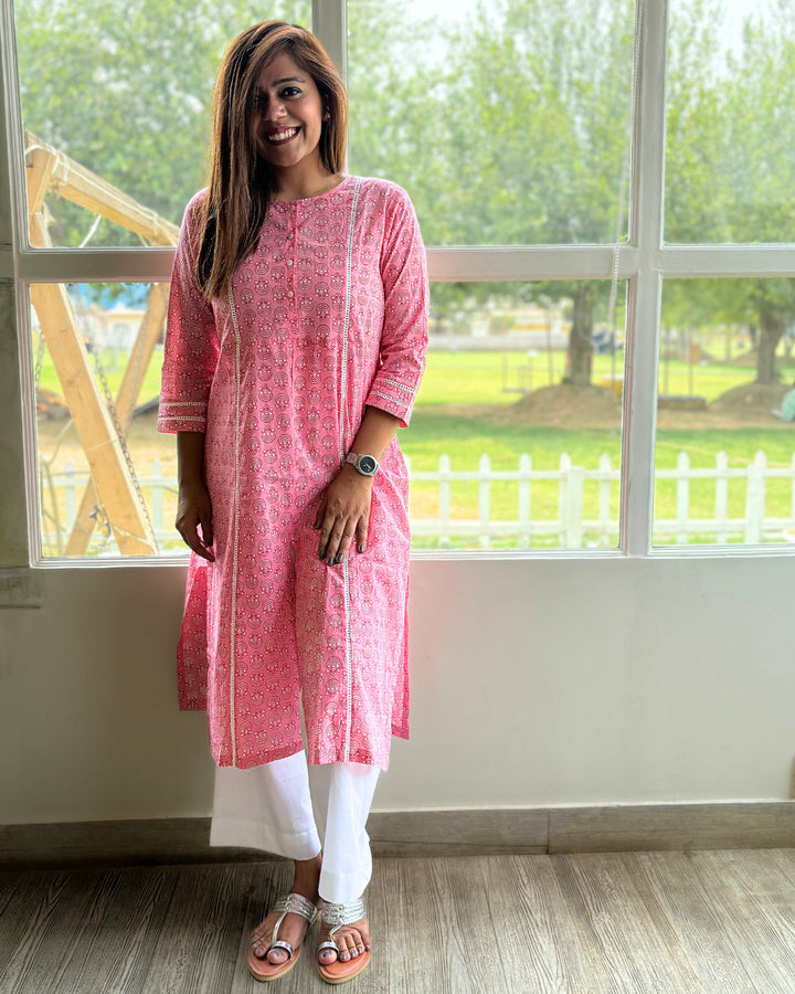 Pink Laced Kurta