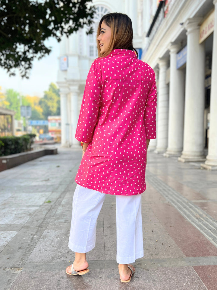 Pink Bandhani Long Cotton Shirt For Women