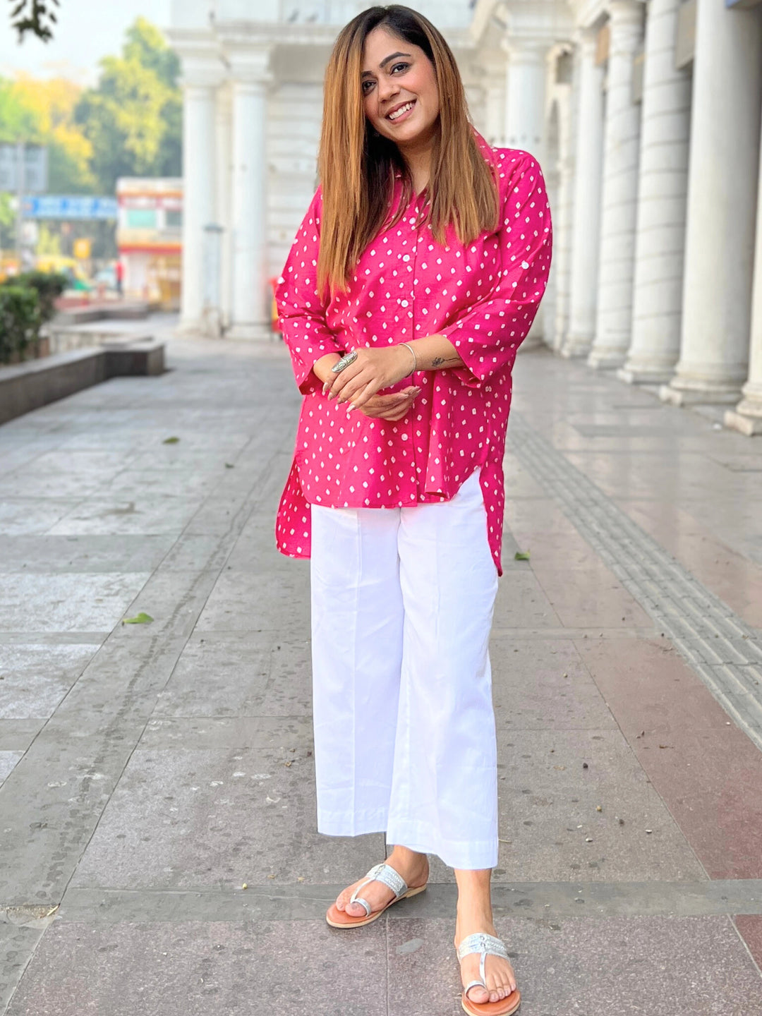 Pink Bandhani Long Cotton Shirt For Women