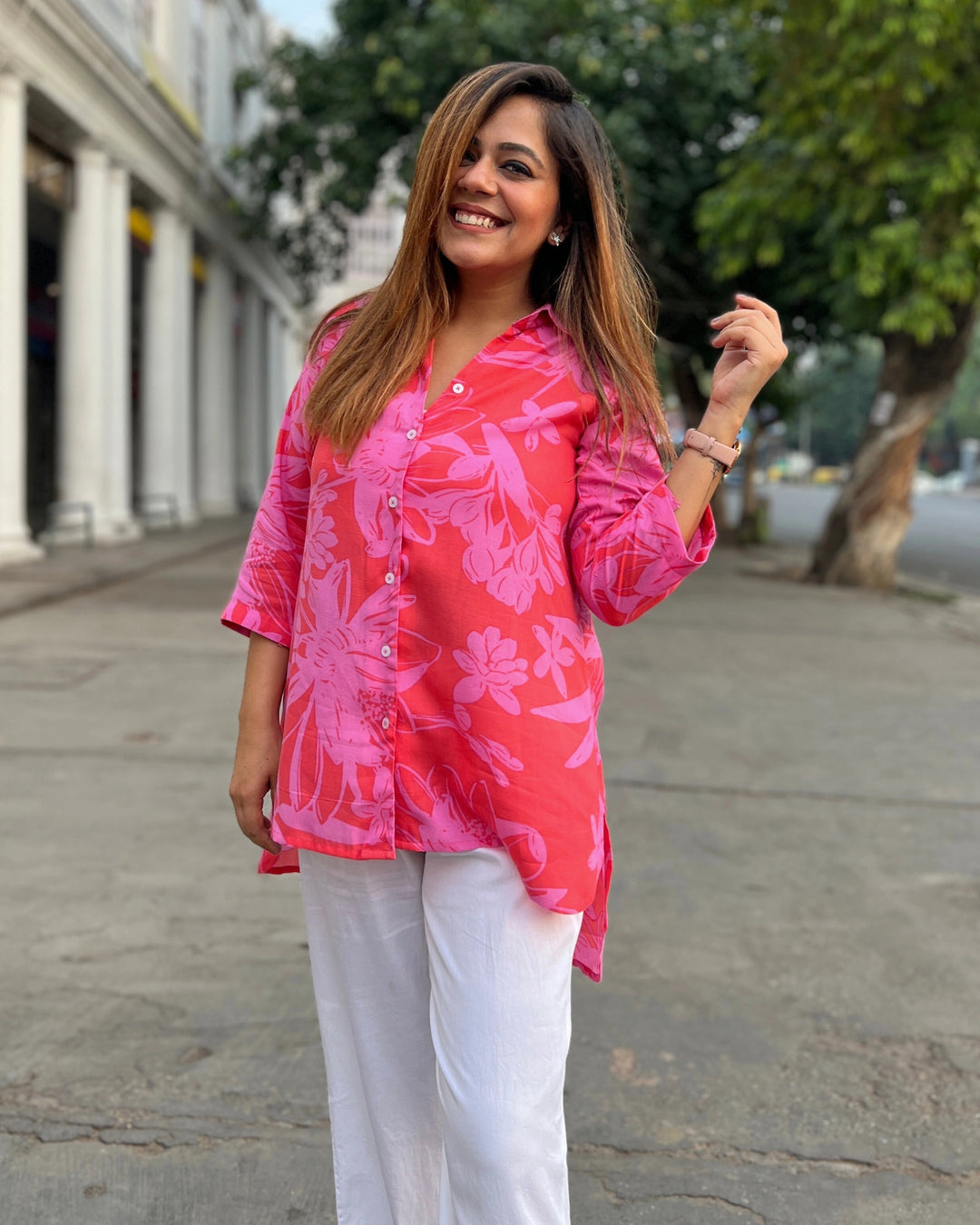 Pink Crush Floral Printed Shirt For Women