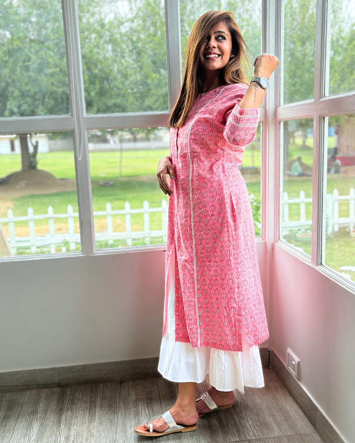 Pink Lace Kurta & White Slip Dress – Set of 2