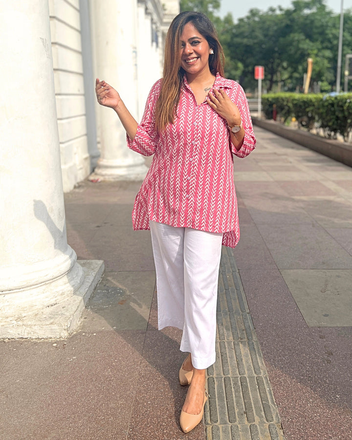 Pink Printed Long Cotton Shirt For Women