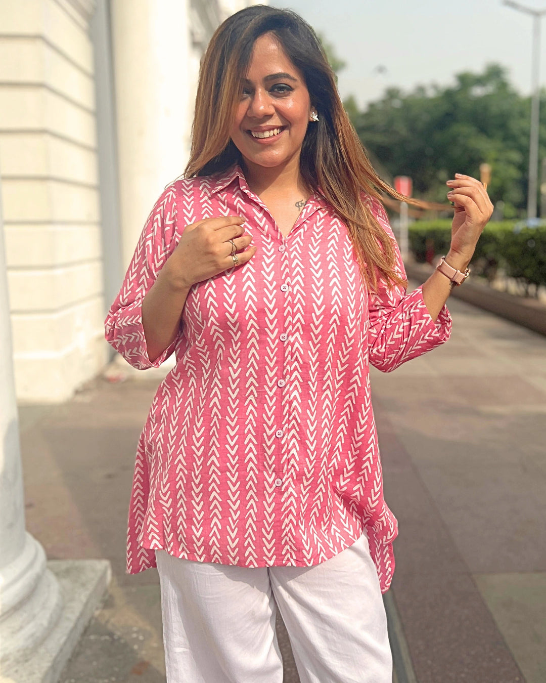 Pink Printed Long Cotton Shirt For Women
