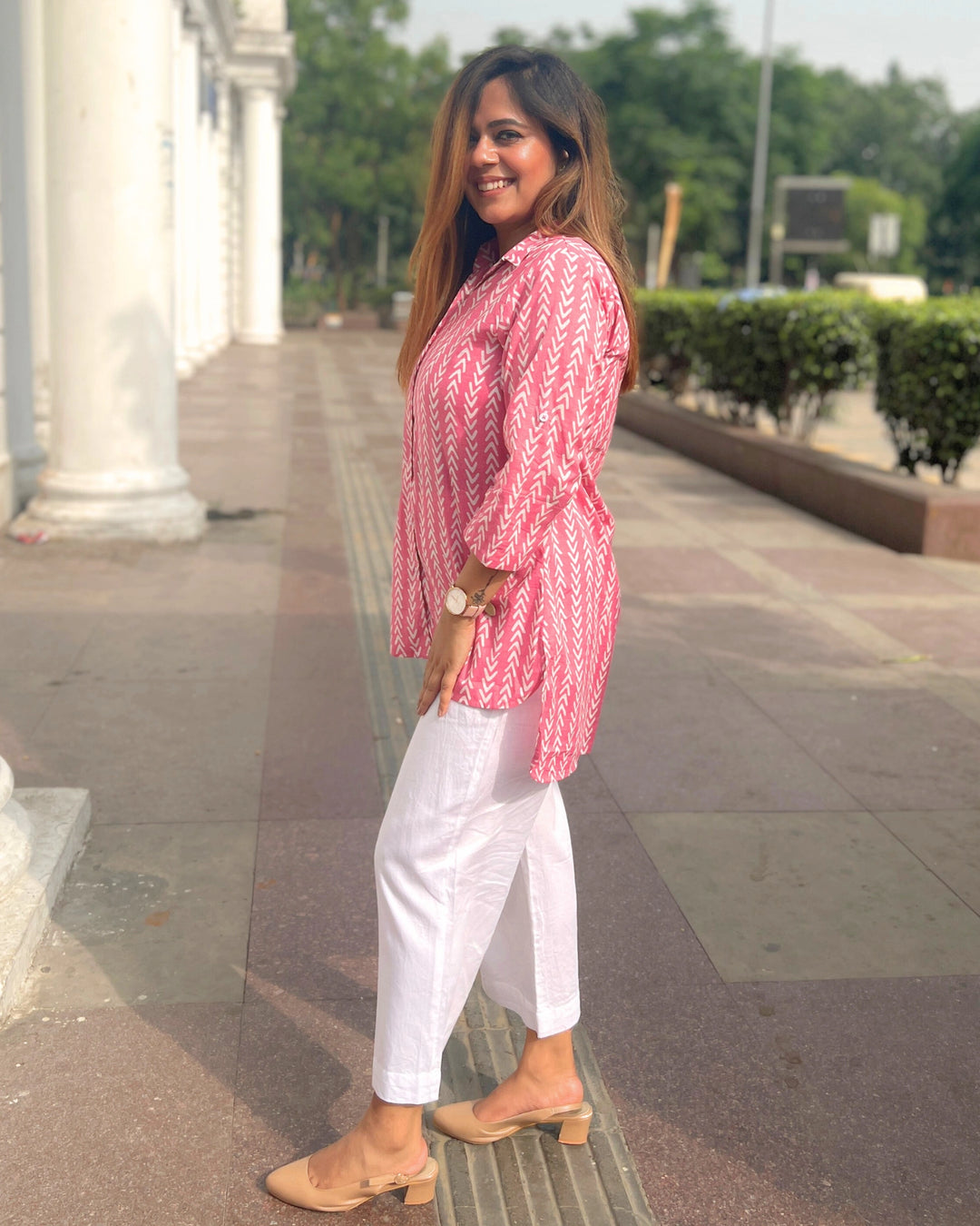 Pink Printed Long Cotton Shirt For Women