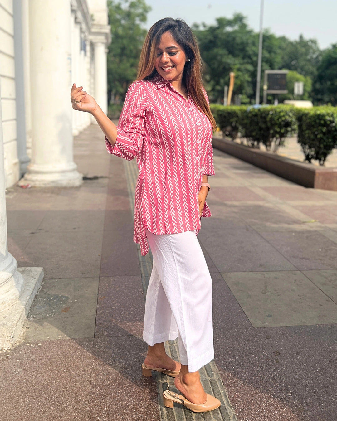 Pink Printed Long Cotton Shirt For Women