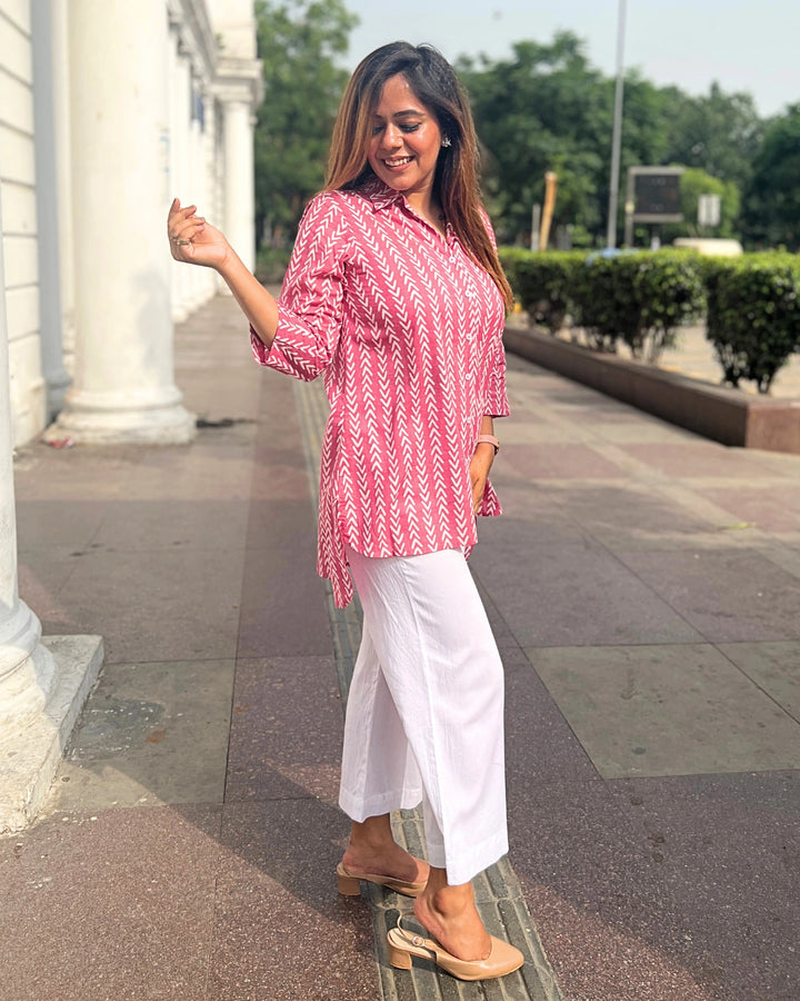 Pink Printed Long Cotton Shirt For Women
