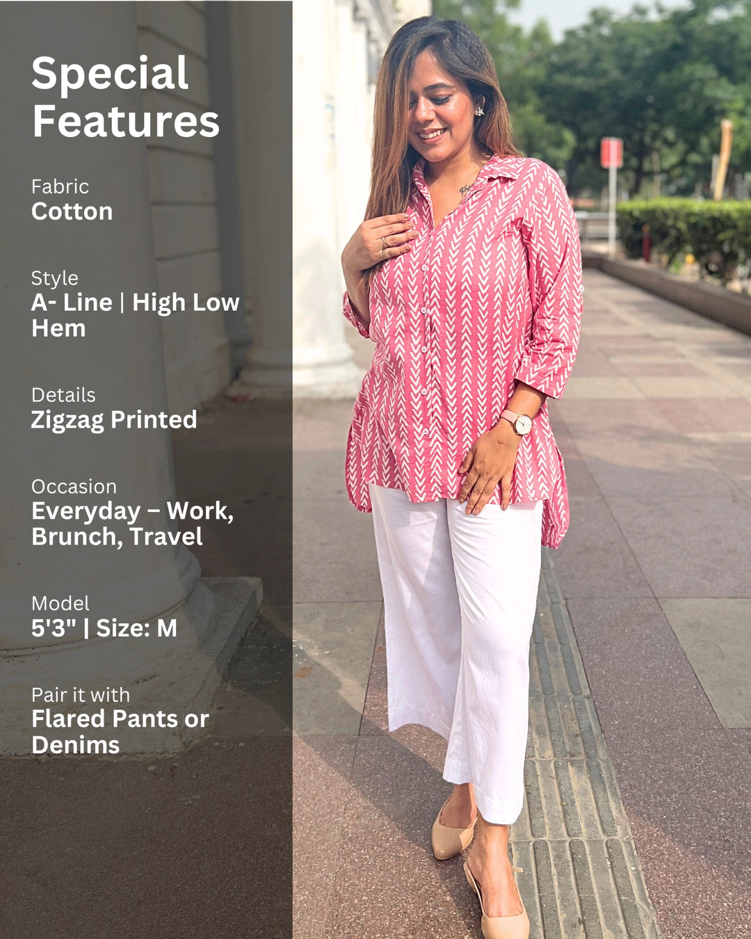 Pink Printed Long Cotton Shirt For Women