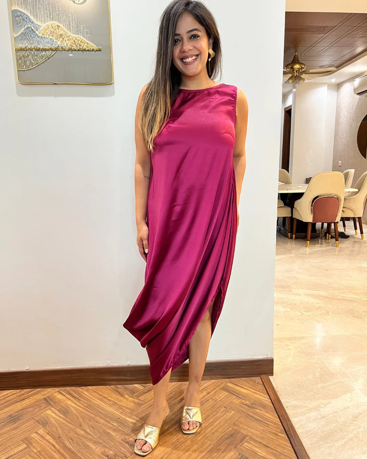 Pink Satin Cowl Dress For Women