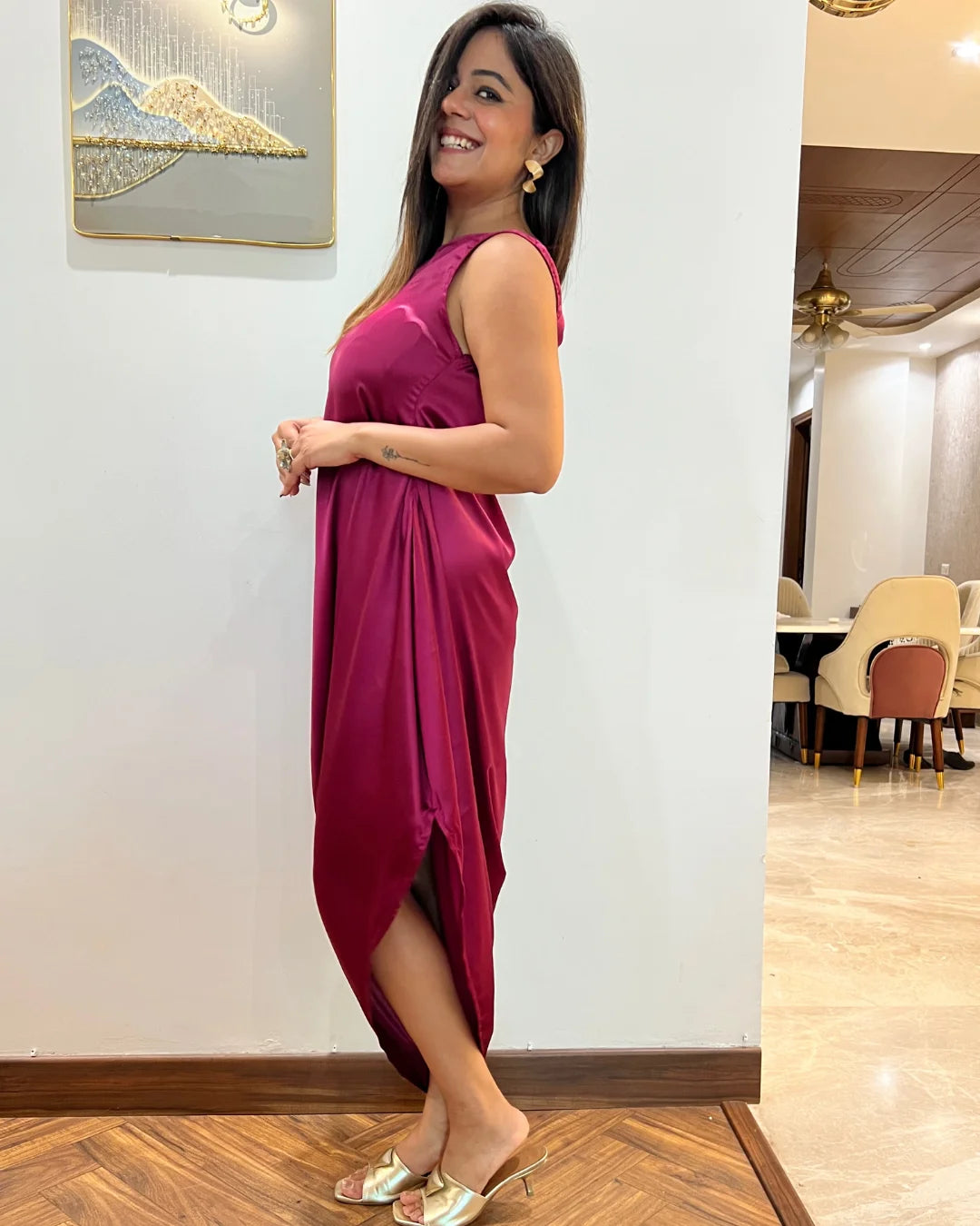 Pink Satin Cowl Dress For Women