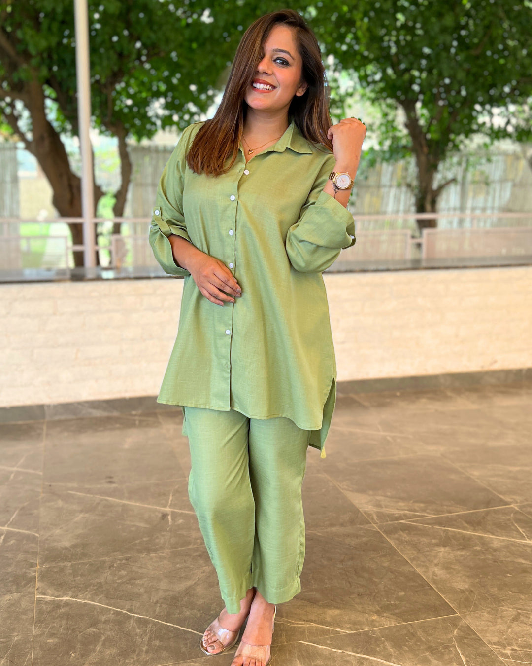 Pistachio Green Solid Aline Cotton Slub Shirt