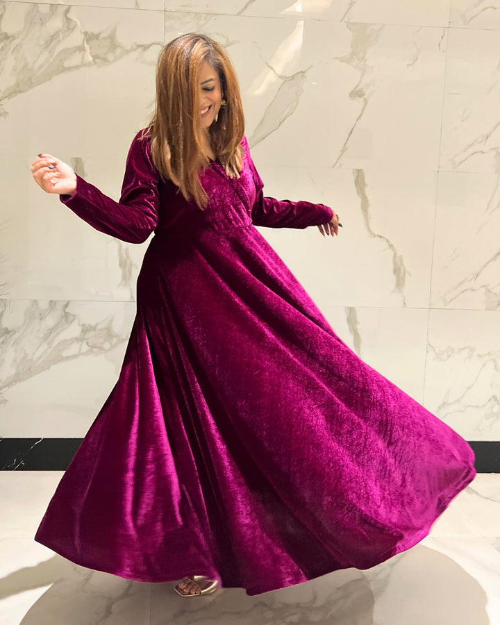 Plum Fit and Flare Long Velvet Dress