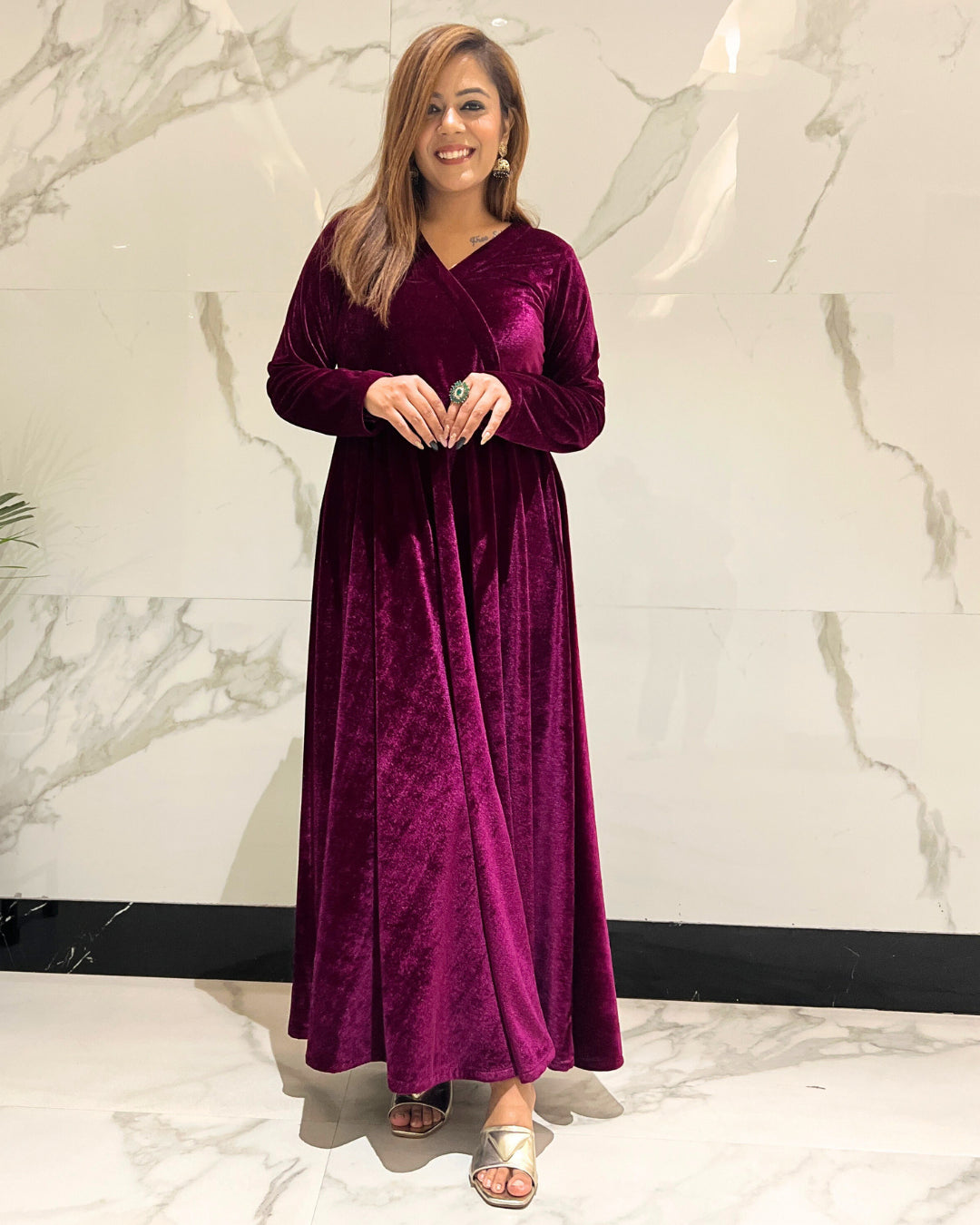 Plum Fit and Flare Long Velvet Dress