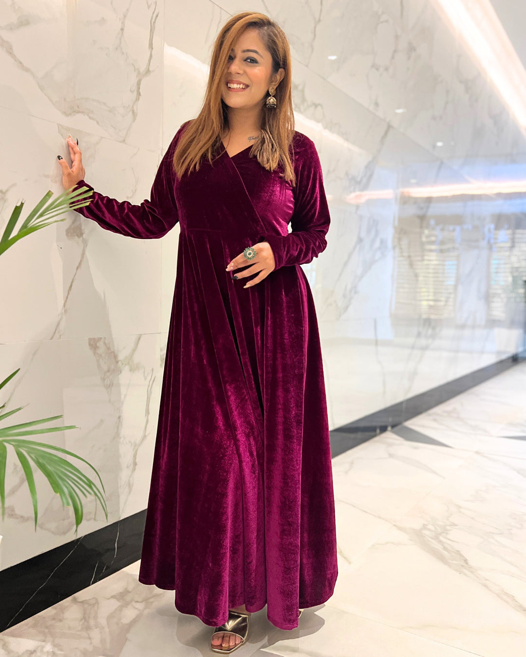 Plum Fit and Flare Long Velvet Dress