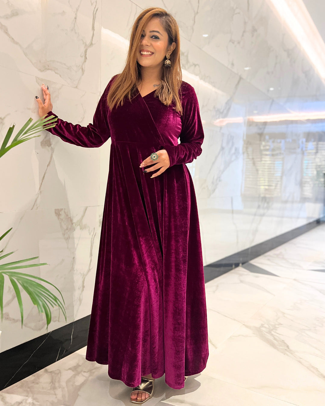 Plum Fit and Flare Long Velvet Dress The Svaya Plum Fit and Flare Long Velvet Dress The Svaya