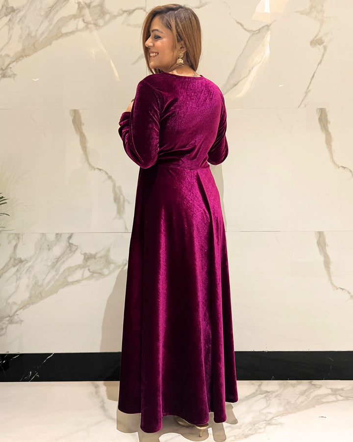 Plum Fit and Flare Long Velvet Dress