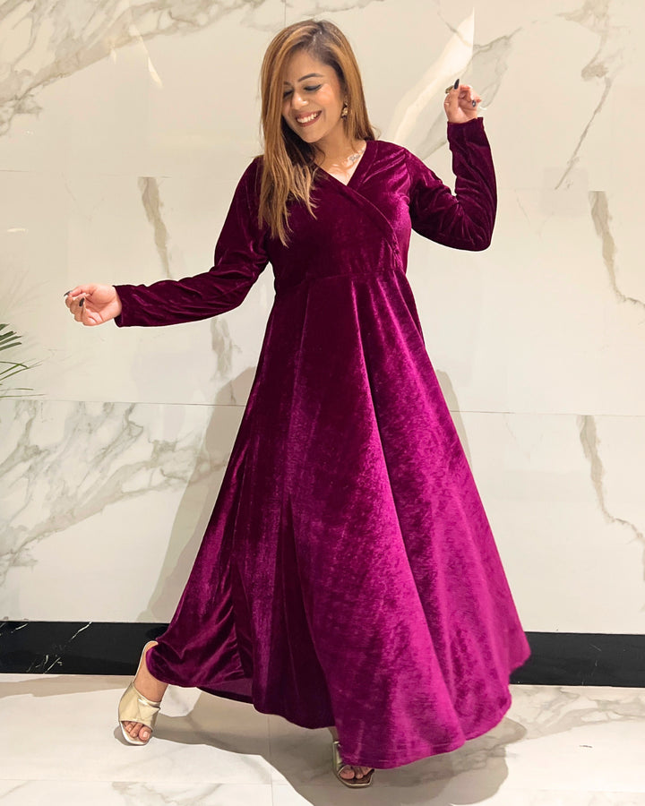 Plum Fit and Flare Long Velvet Dress