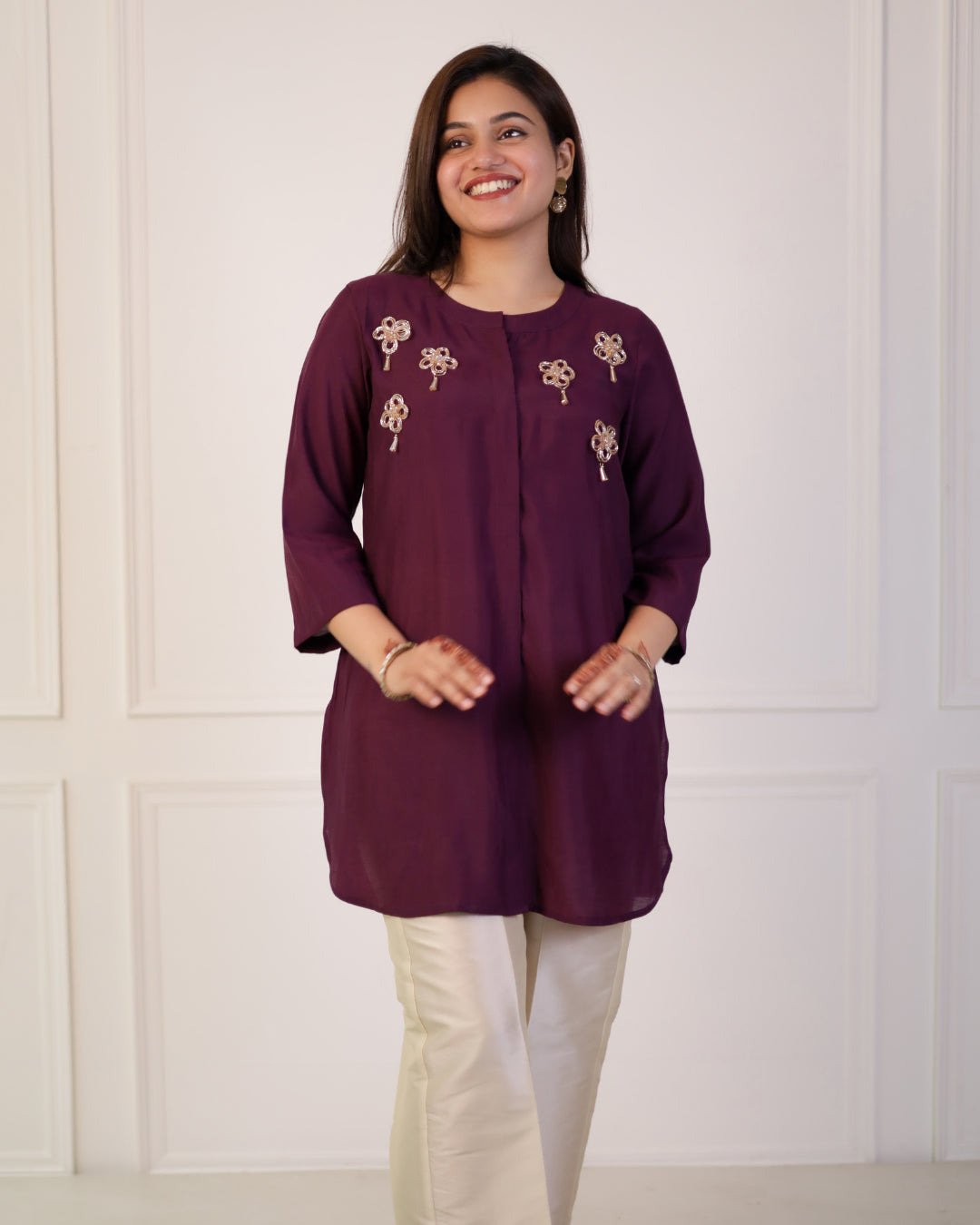 Plum Purple Solid Embellished Shirt