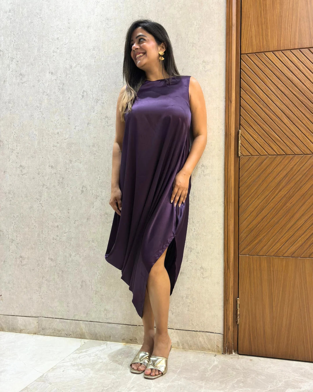 Plum Satin Cowl Dress For Women
