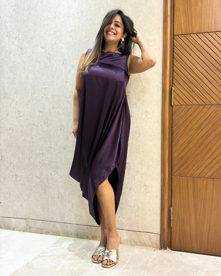 Plum Satin Cowl Dress For Women