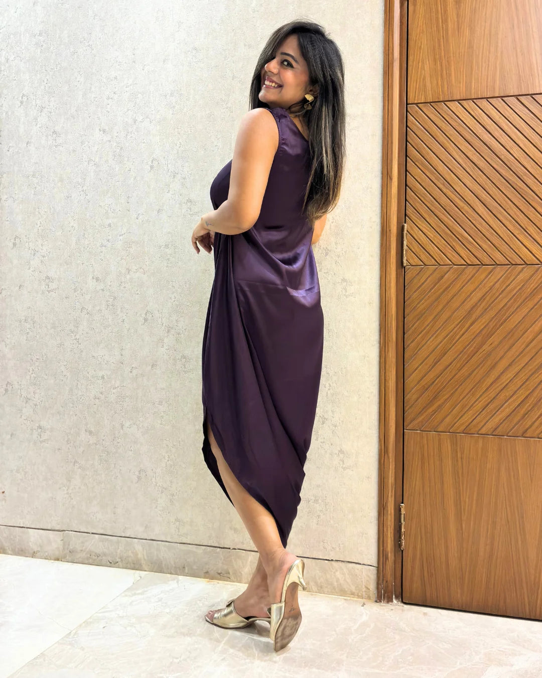 Plum Satin Cowl Dress For Women
