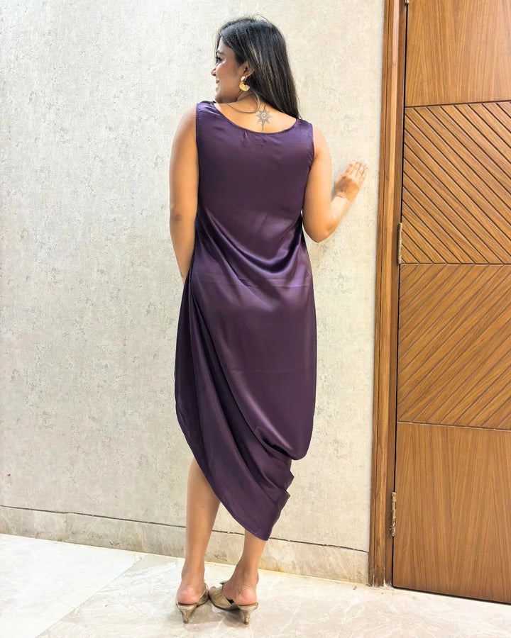 Plum Satin Cowl Dress For Women