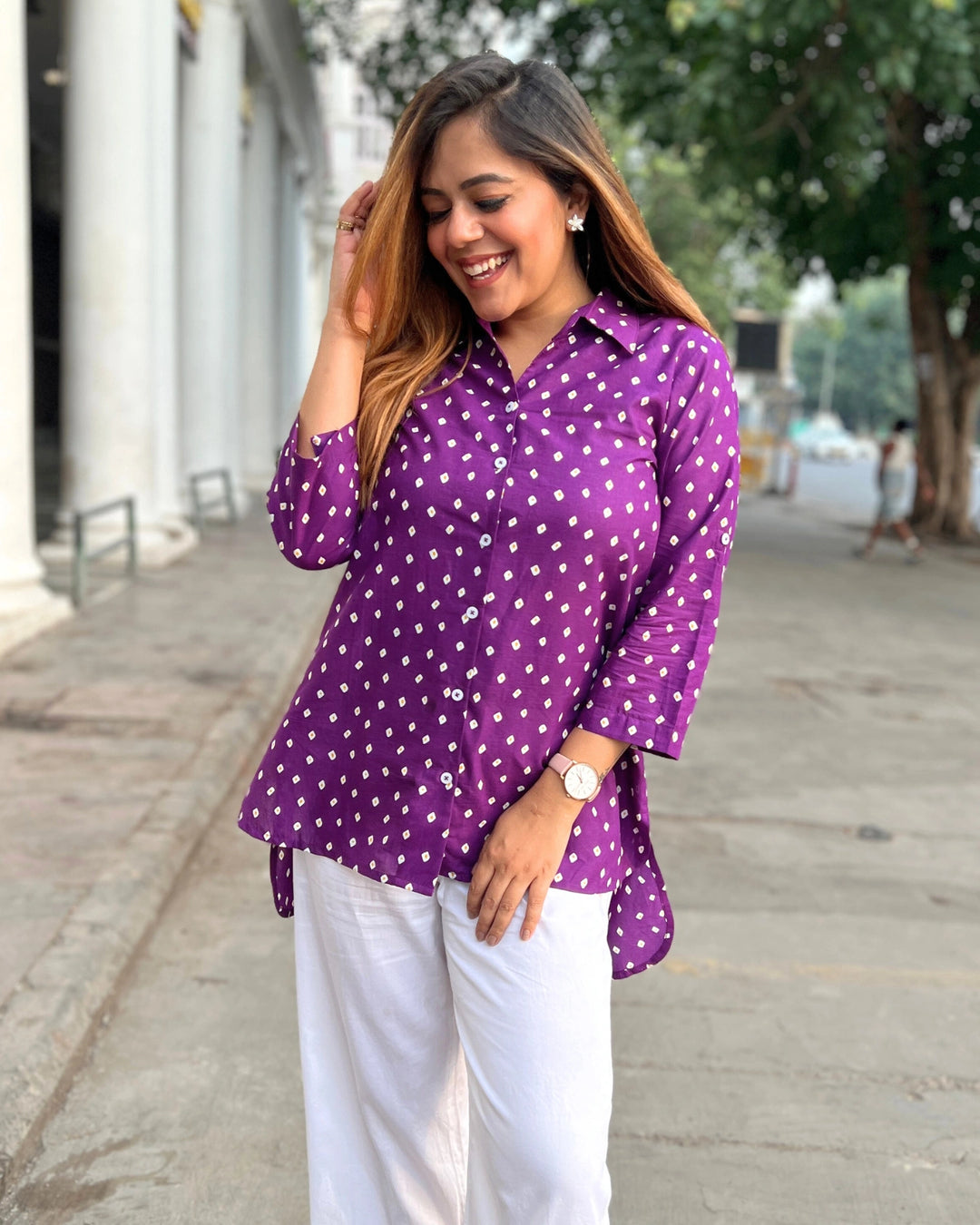 Purple Bandhani Printed Cotton A-Line Shirt for Women